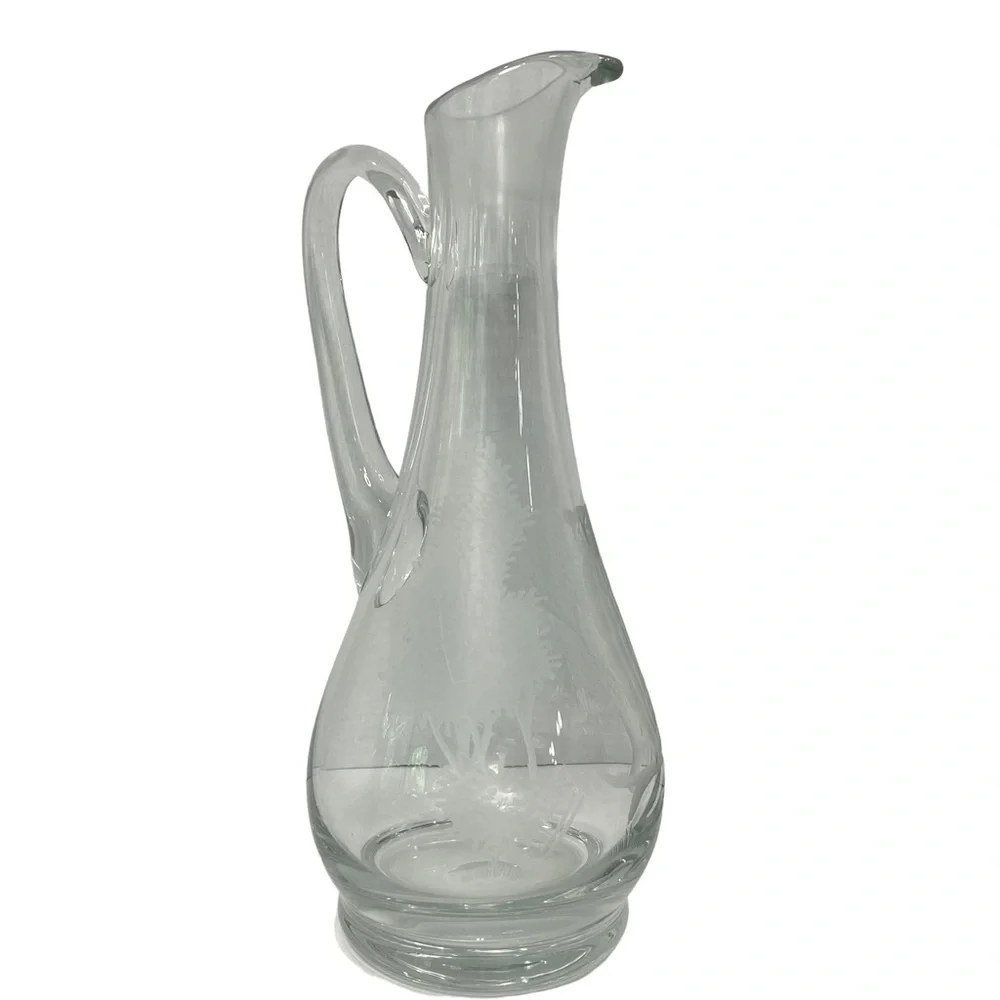 Etched Clear Glass Long Neck Bar Carafe 11” Owl Tree Branch Elegant Barware